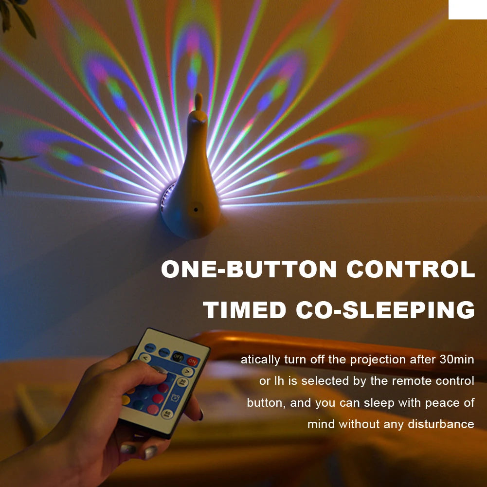 LED Peacock Projection Lamp with Remote Control Atmosphere Peacock Wall Lamp Bedroom Bedside Lamp for Home Room Wall Decor